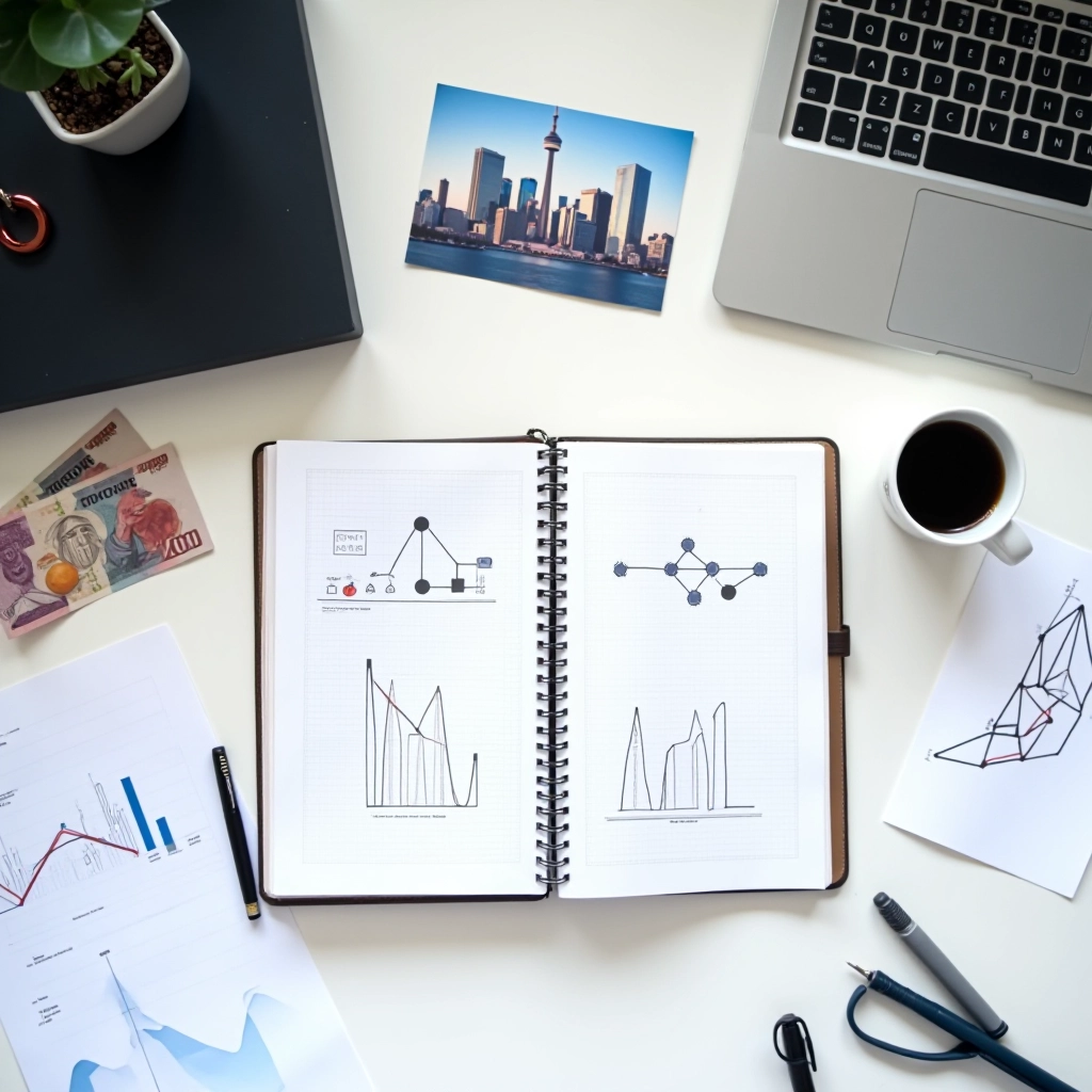 FlowCast AI Editorial Team workspace with research materials, forecasting charts, and treasury documentation arranged on a modern desk