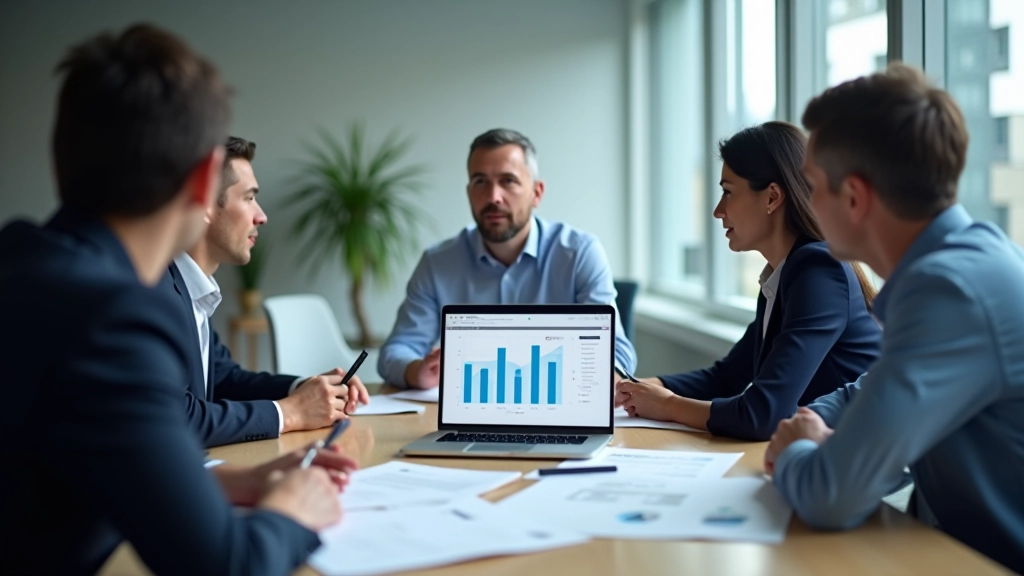 Team meeting around conference table with financial reports and laptop displaying forecasting software