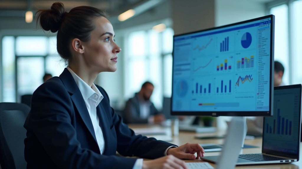 Treasury manager reviewing cash flow forecast charts on dashboard with confidence intervals and trend lines